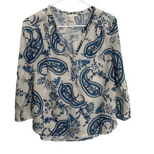 H&M Paisley 3/4 Sleeve White/Blue Top Sz S